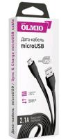 Кабель USB 2.0 - microUSB, 1м, 2.1A, черный, OLMIO