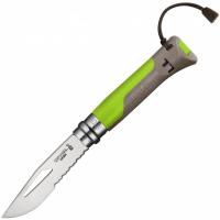Нож Opinel Specialists Outdoor №08, клинок 8,5см, нерж.сталь, пластик, свисток+темляк, зеленый/серый