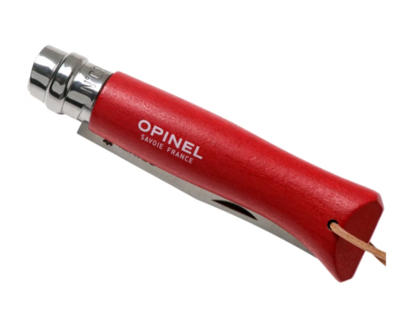 Нож Opinel №8 Trekking, нержавеющая сталь, кожаный темляк, красный