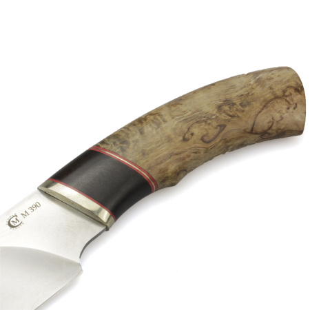 Нож Разделочный,ст М390, мельхиор, рукоять из стабилизированной карельской березы