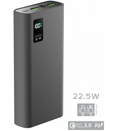 Внешний АКБ QR-20, 20000mAh, 22.5W QuickCharge3.0/PowerDelivery, LCD, серый, OLMIO