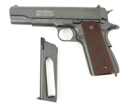 Пистолет пневм.Swiss Arms P1911/Tanfoglio witness P1911 (Colt 1911),к.4,5мм, металл,блоубэк,темно-се